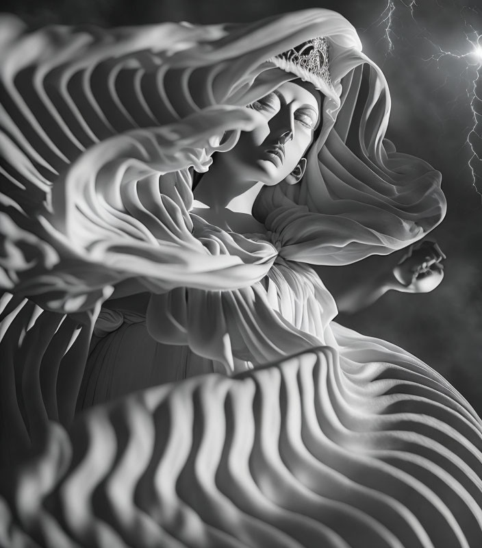 Monochromatic dramatic sculpture of female figure with flowing robes and tiara against dark background with lightning bolt