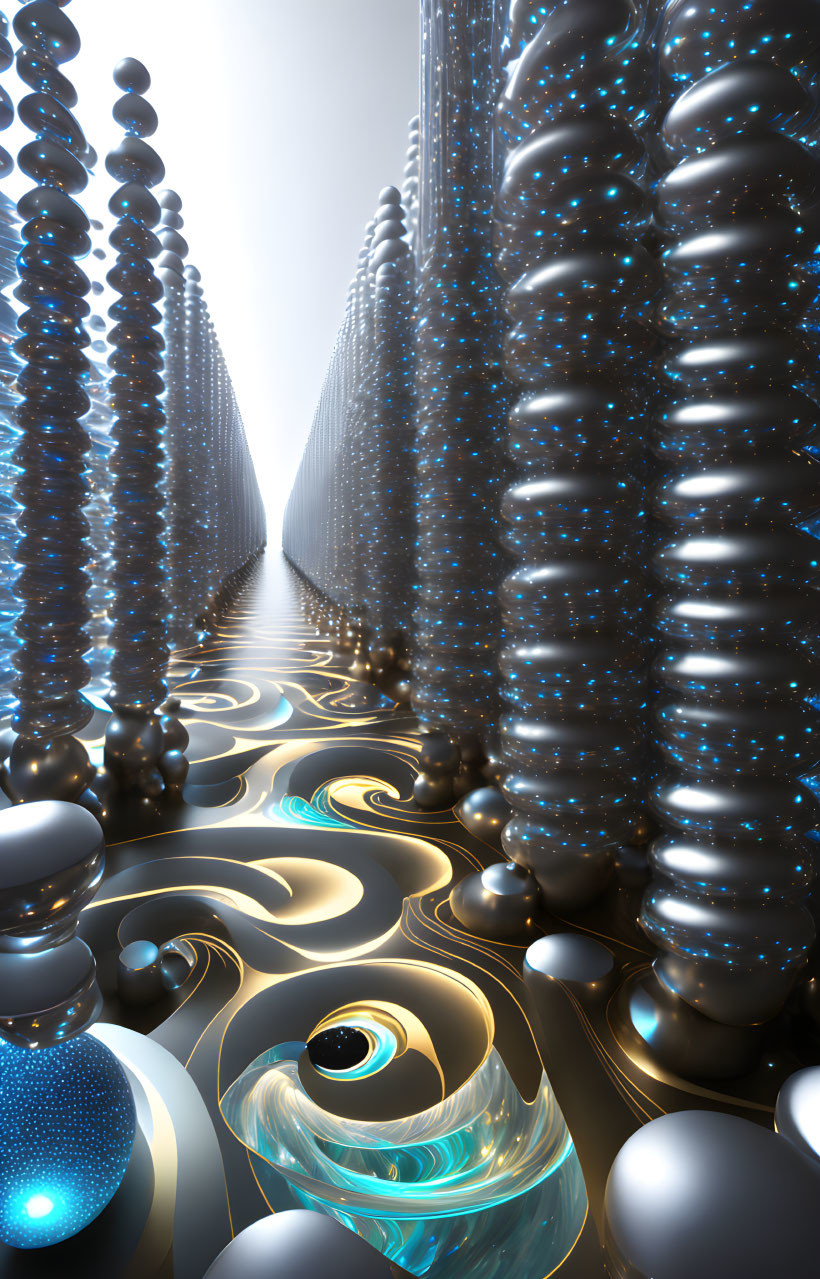 Surreal landscape with reflective spheres and pillars in bright, glowy atmosphere