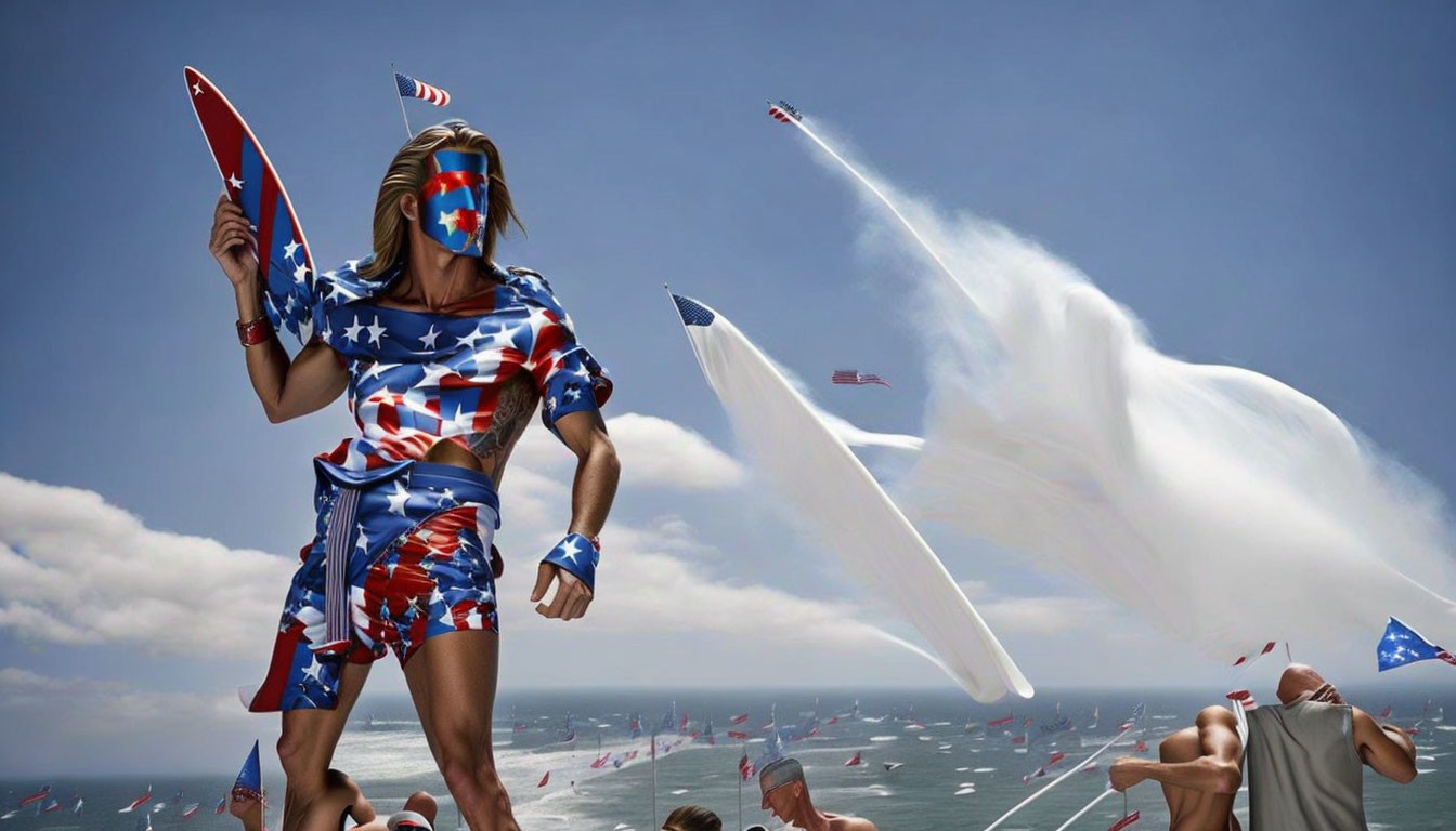 Person in American flag attire with fighter jet and crowd by ocean