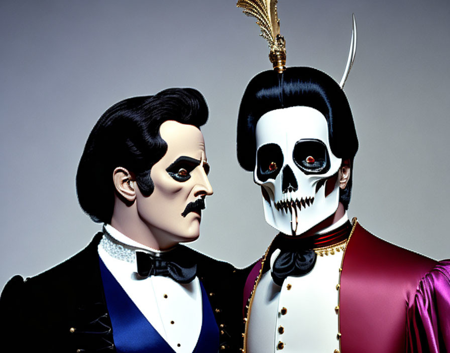 Stylized figures in skull makeup, one blue tuxedo, one red plumed hat