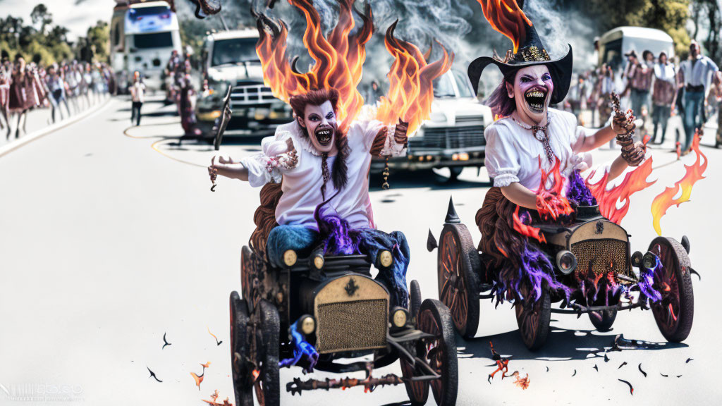 Whimsical costumes and painted faces in flame-adorned cars at a parade