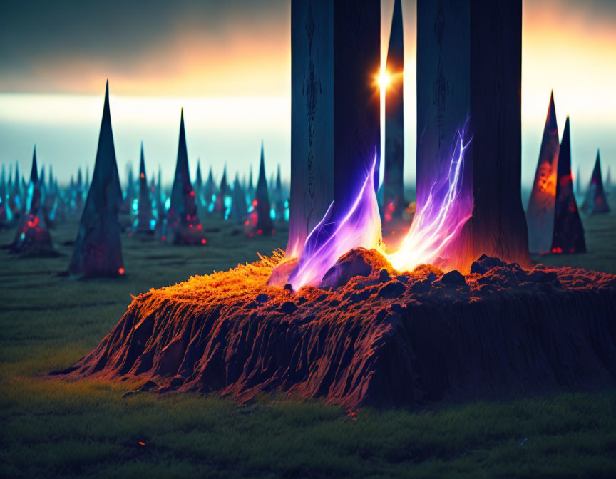 Mystical landscape with glowing portal and pillars