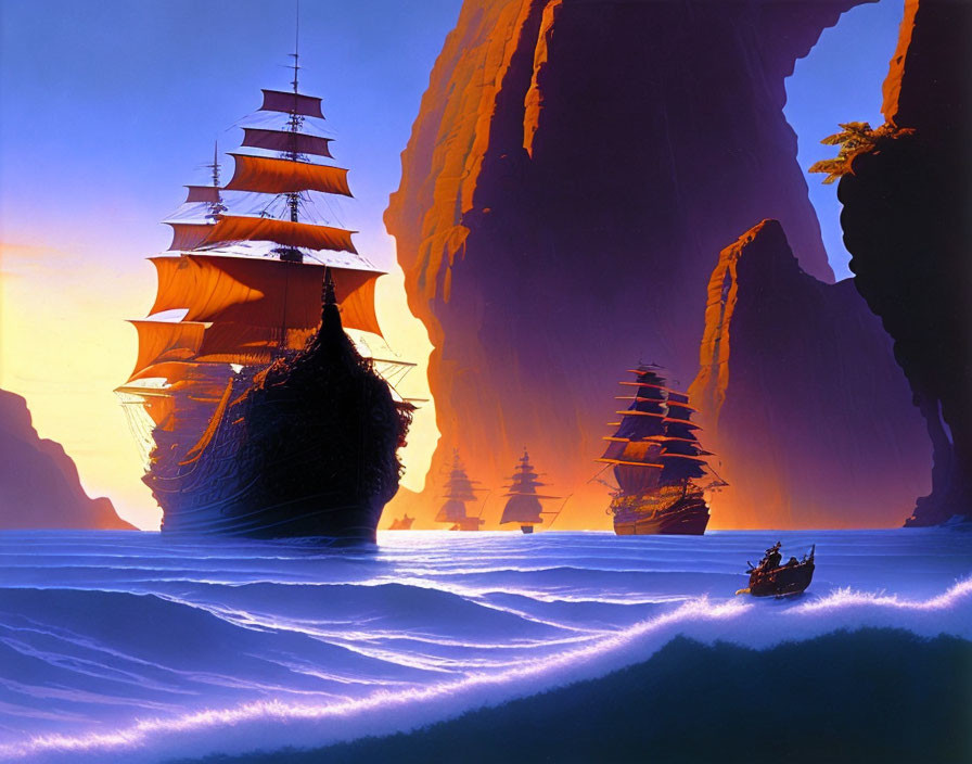 Majestic tall ships sail through narrow sea passage with towering cliffs under vibrant sunset sky