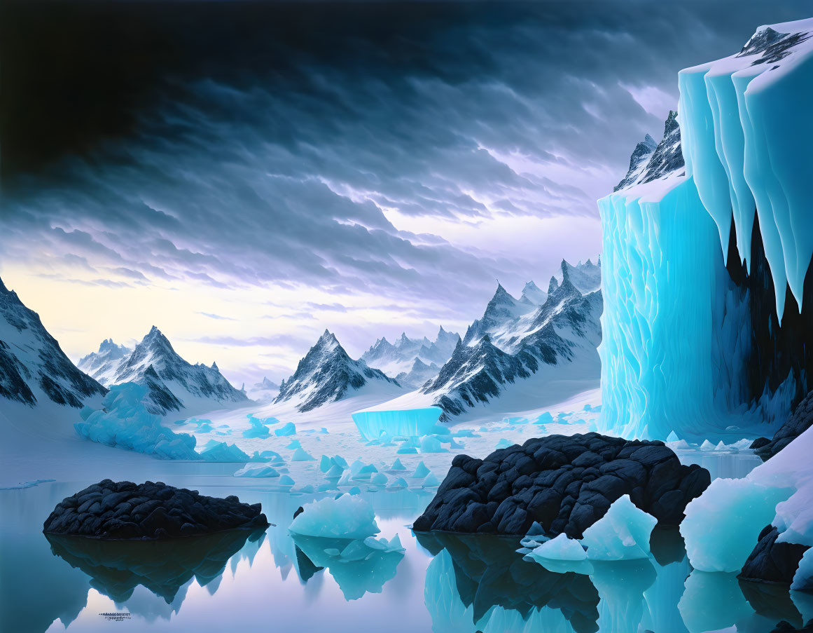 Arctic landscape with towering ice formations and dark clouds