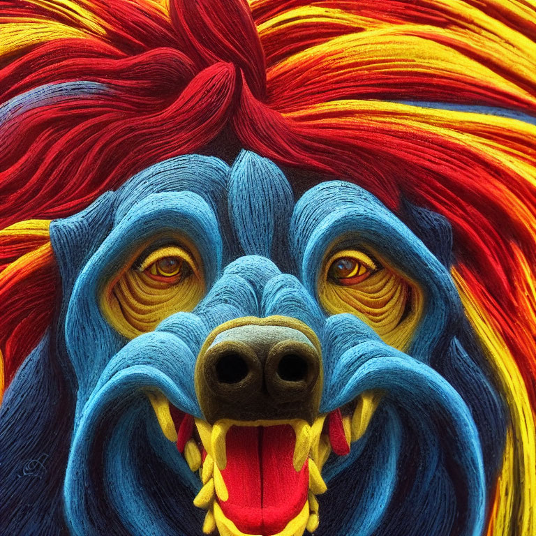 Colorful lion's face with red and yellow mane and blue features