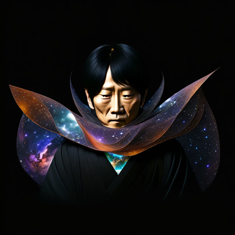 Surreal portrait of person with expressive face and cosmic wings on dark background