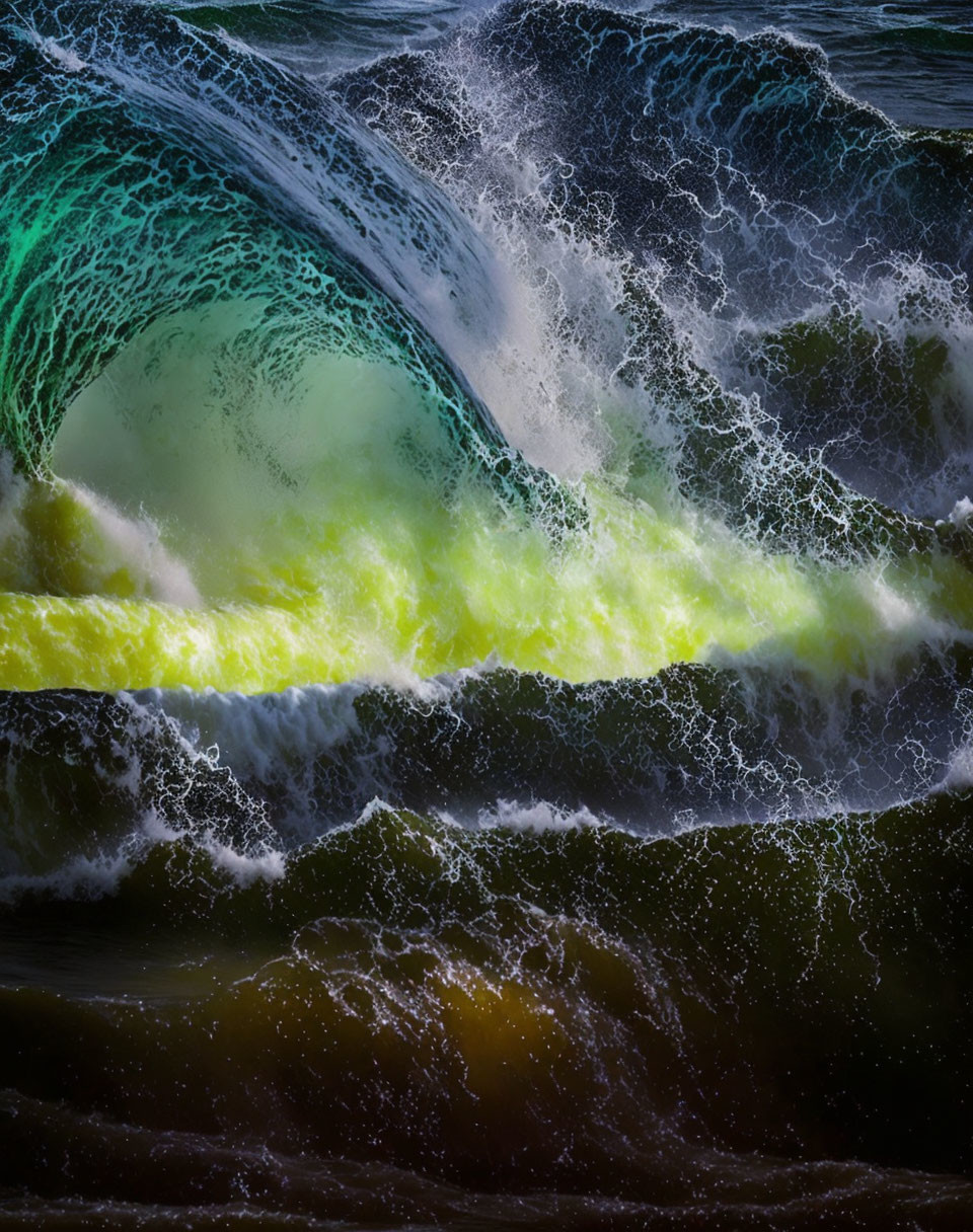 Vibrant green and turquoise ocean wave with white sea spray