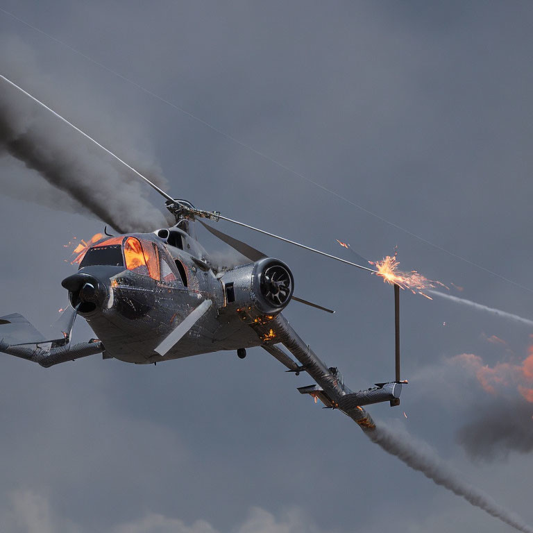 Military helicopter firing flares overcast sky at dusk