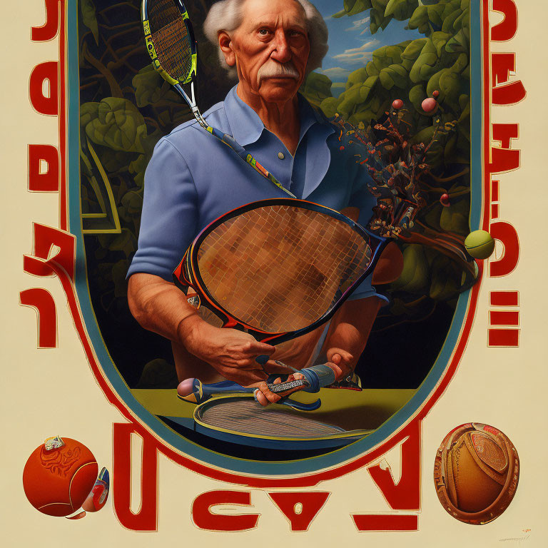 Hyperrealistic painting of elderly woman with tennis racket and balls in surreal setting.