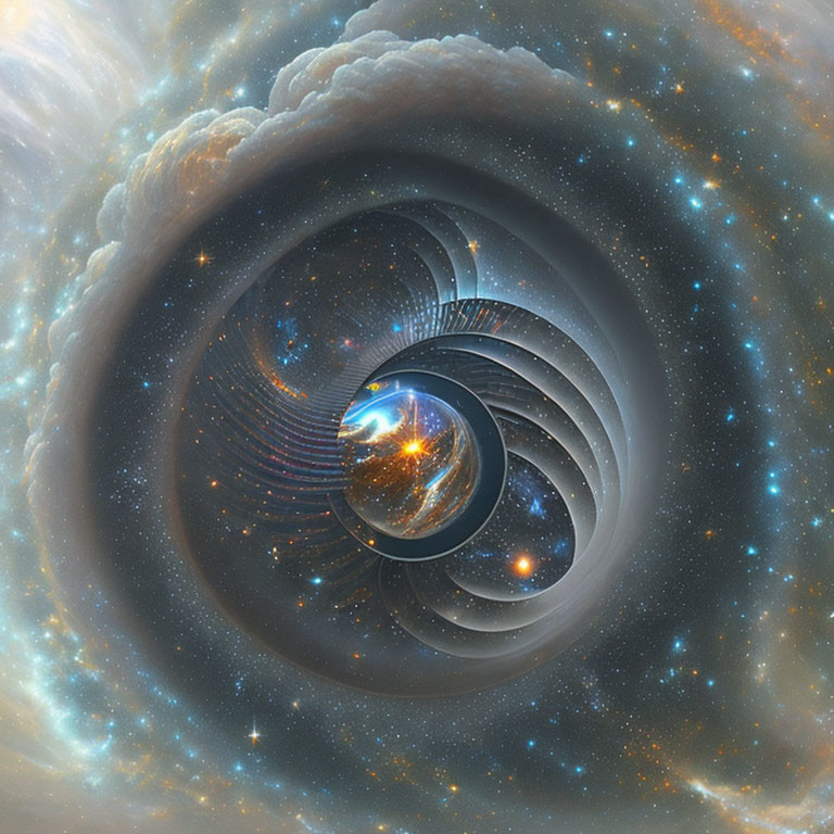 Surreal cosmic spiral with star-studded clouds and glowing planet