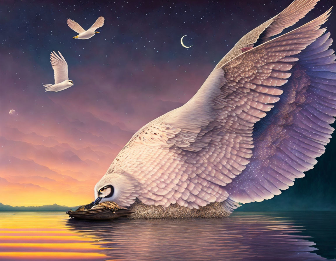 Surreal image: Giant bird with smaller bird on reflective water under twilight sky