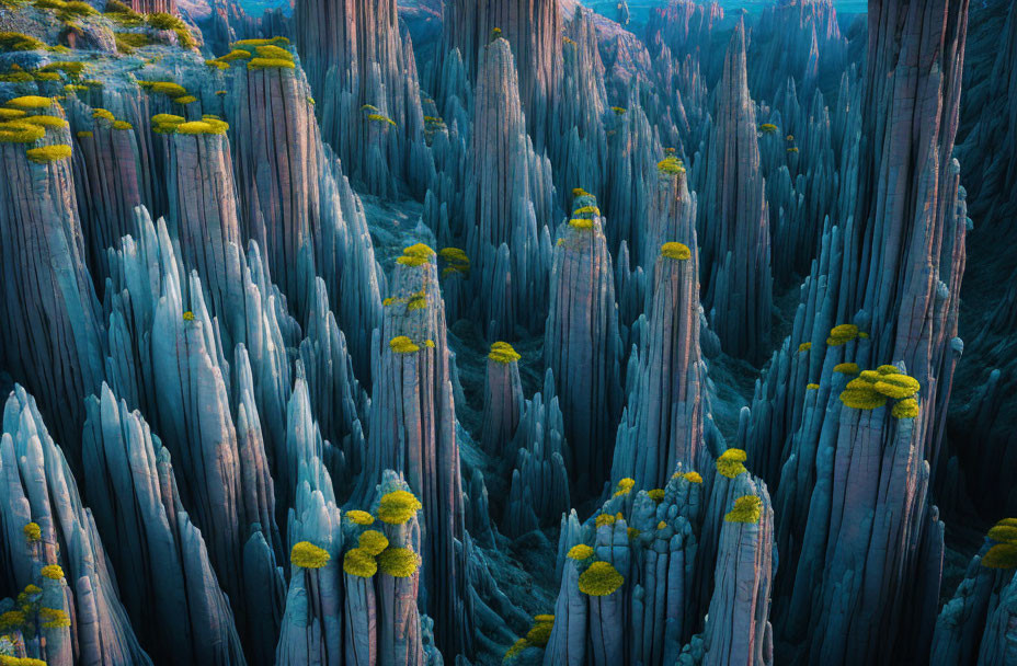 Unique tall rock formations covered in greenery in forest aerial view