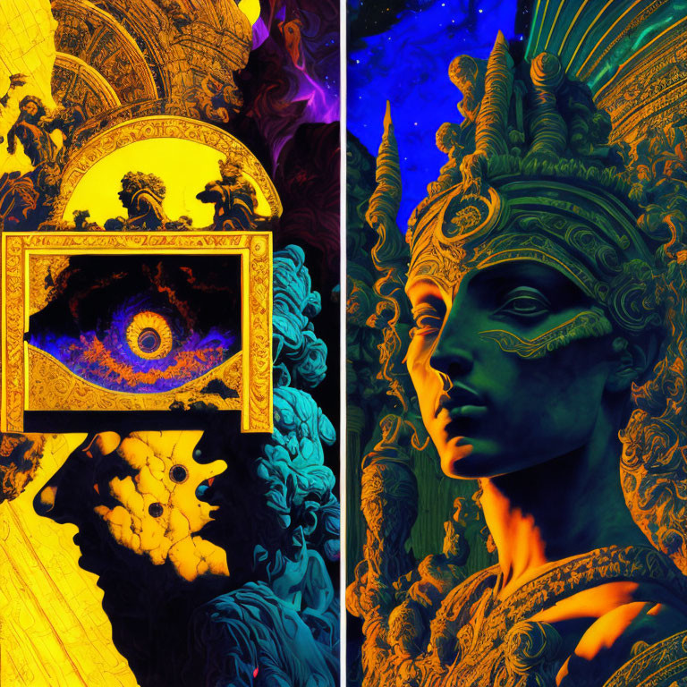 Digital collage of classical statue with intricate headpiece against cosmic backdrop