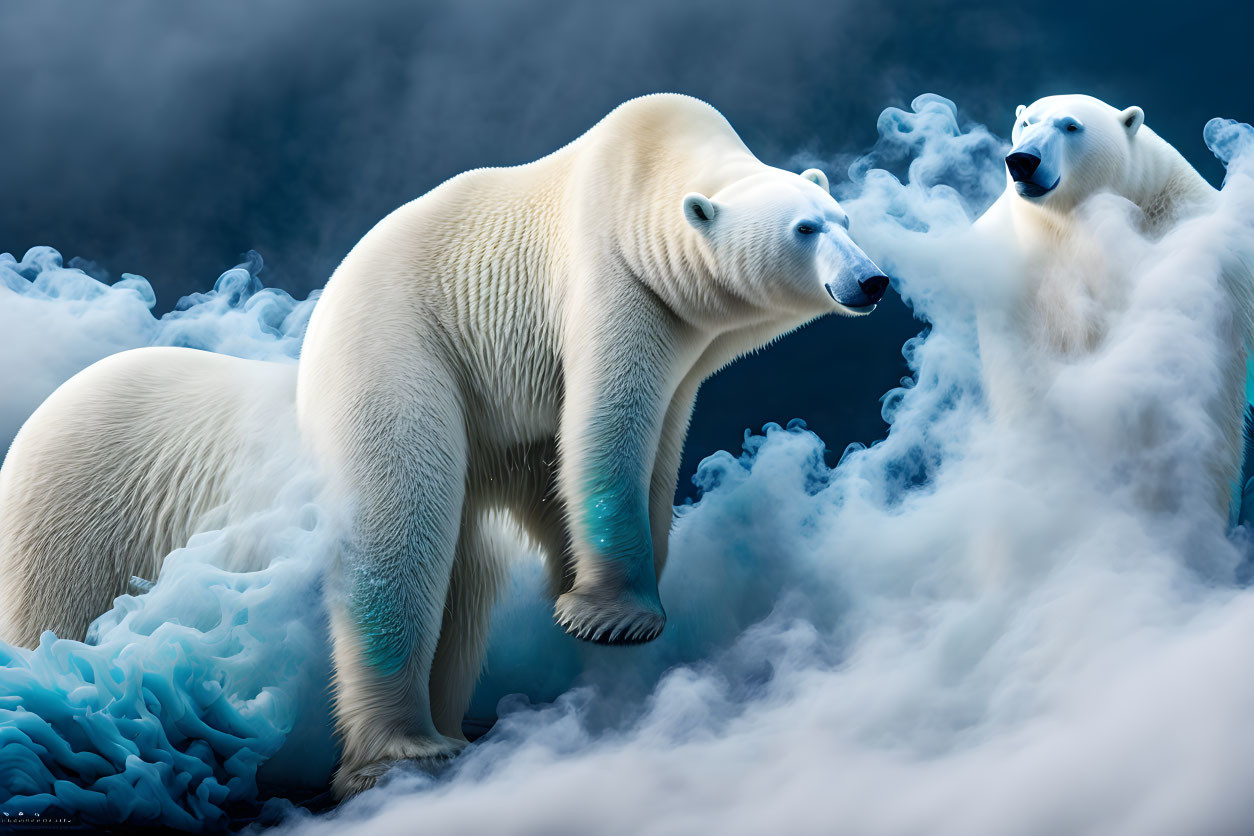 Polar bears in mist and ice roaring on dark blue backdrop