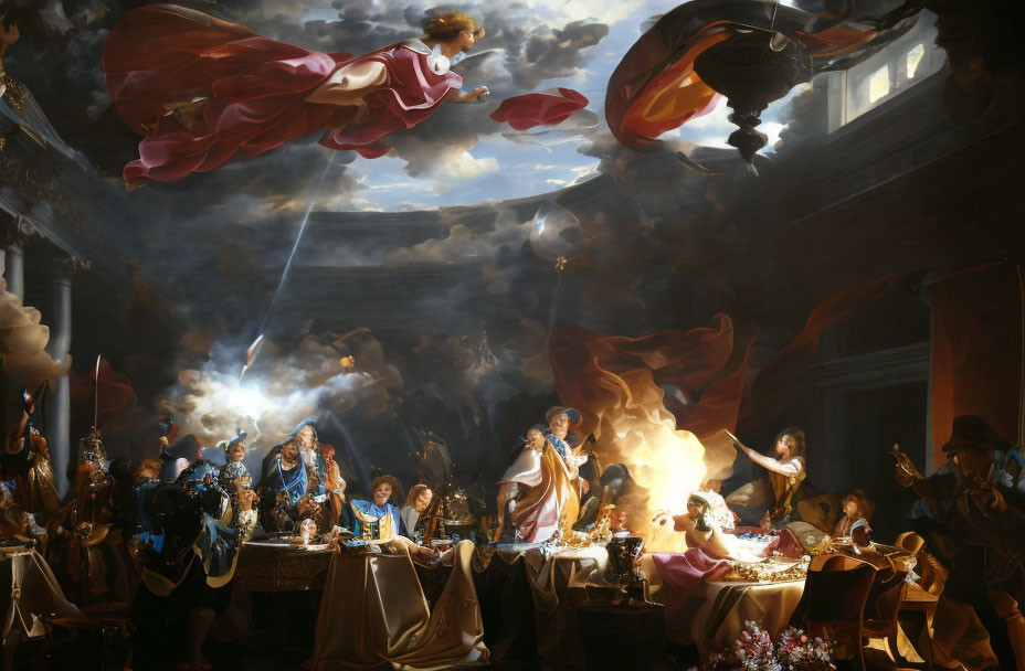 Baroque-style painting with opulent attire, grand banquet, dramatic lighting, and descending angelic figure