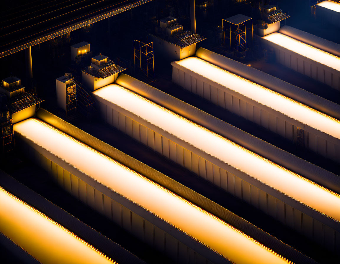 Golden Light Illuminates Industrial Warehouses at Night