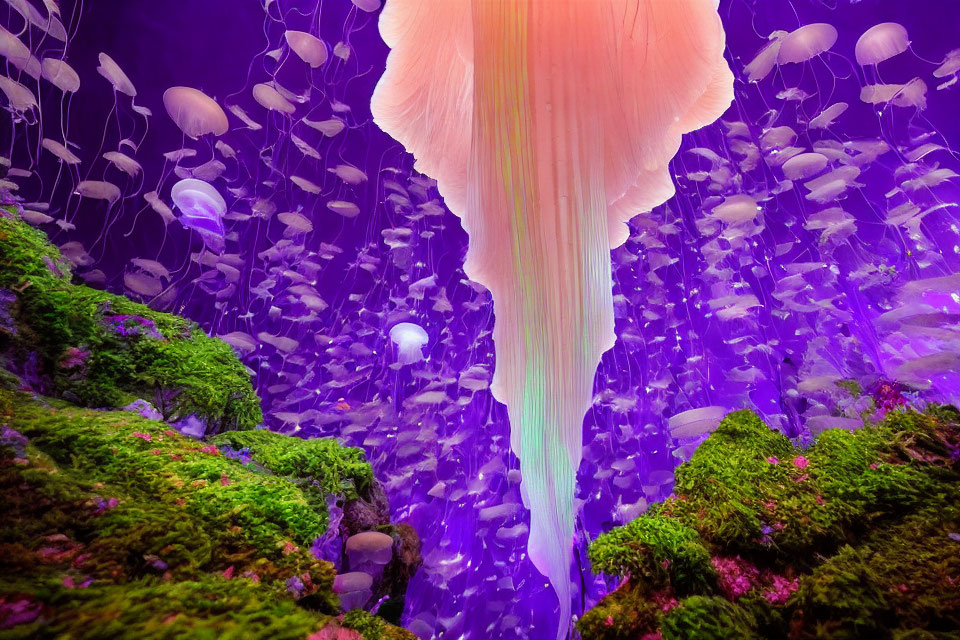 Colorful Underwater Scene with Pink and White Jellyfish on Purple Background