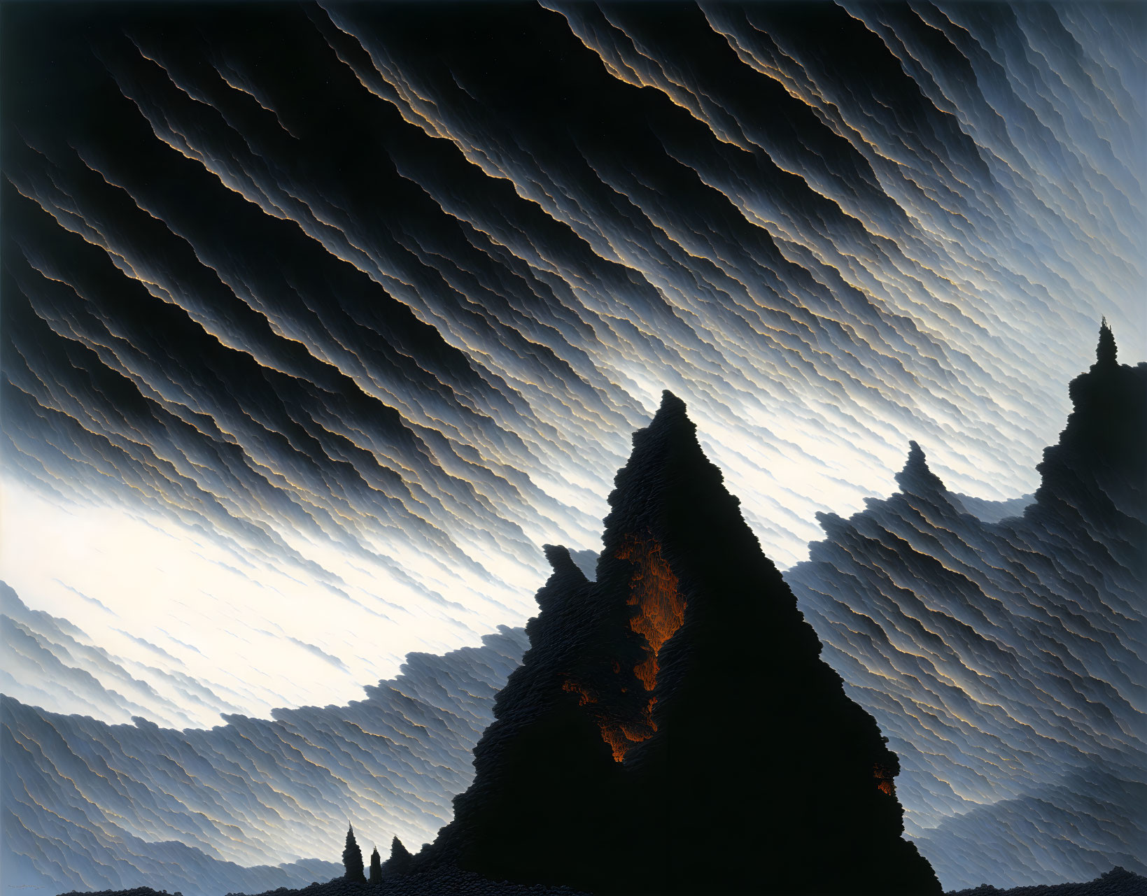 Abstract digital artwork: Layered wave patterns with illuminated mountain peak