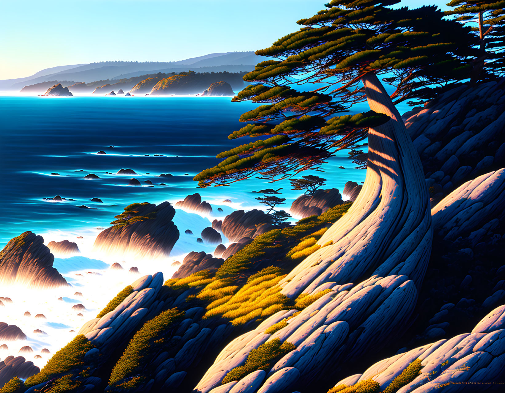 Tranquil coastline with blue sea, pine trees, and rocky outcrops in warm sunlight