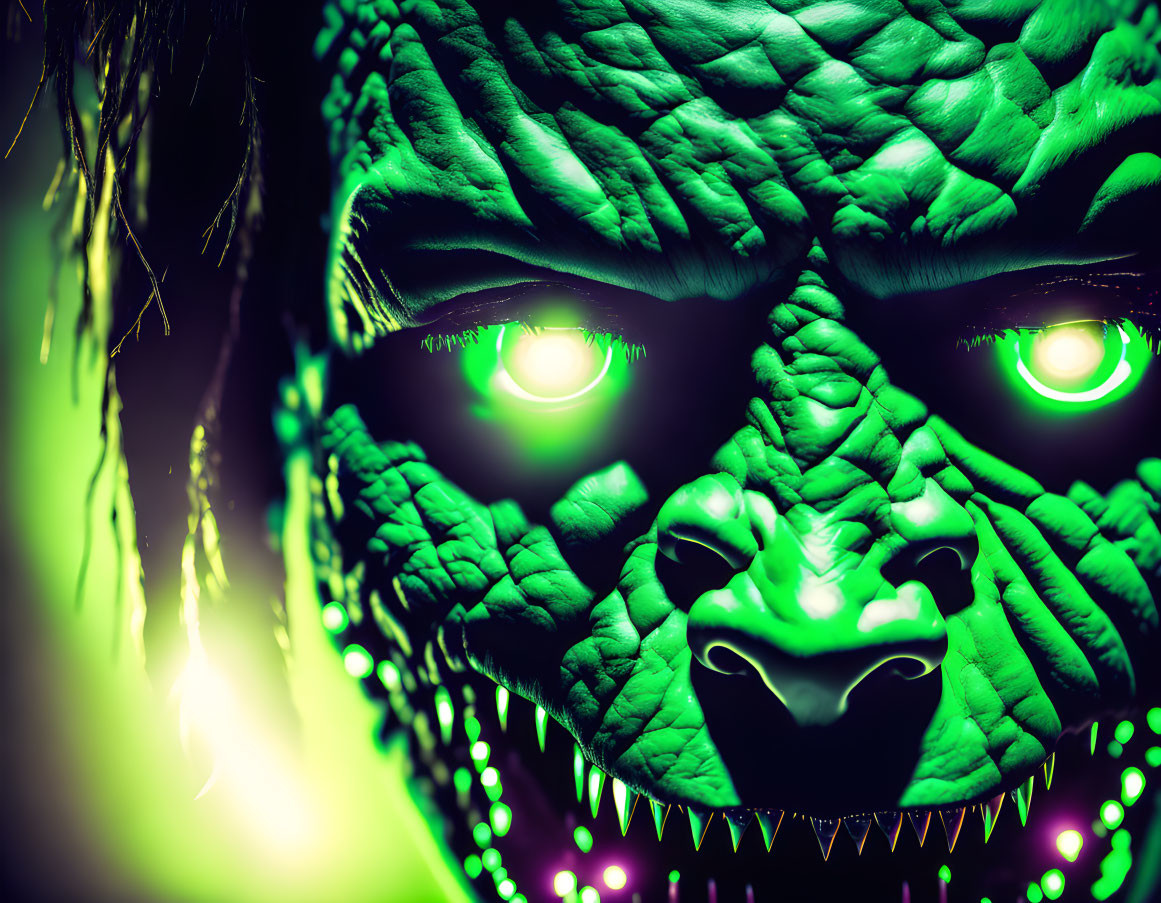 Close-up of person in green reptilian mask with glowing eyes and sharp teeth in neon light