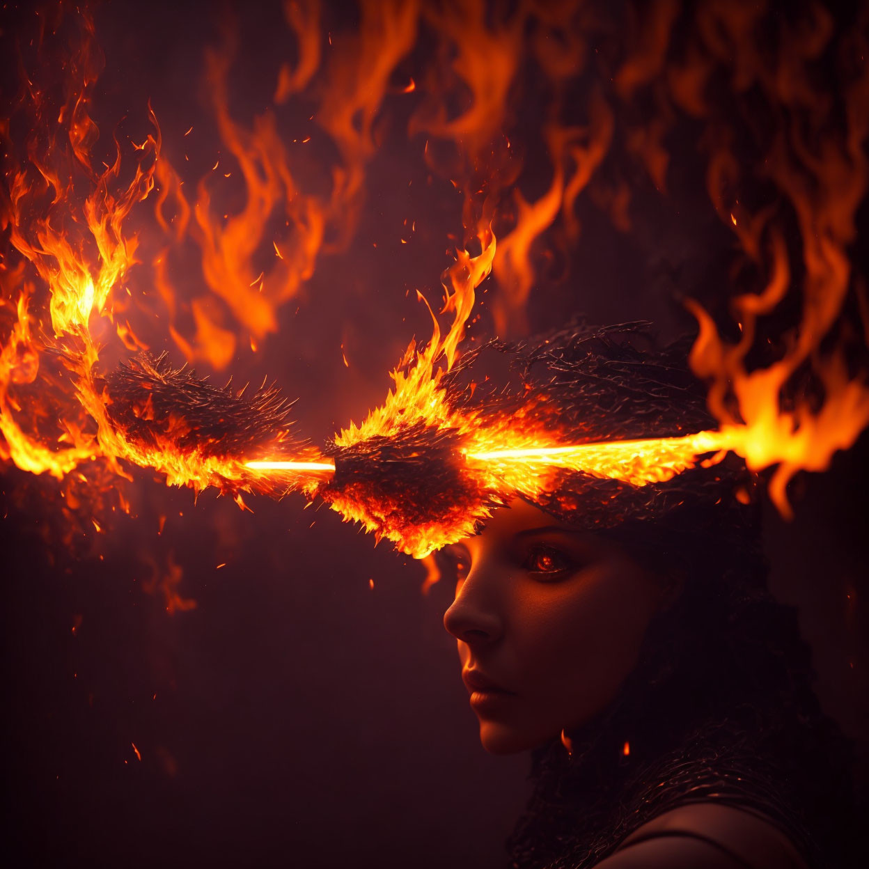 Woman's profile with flaming horns on dark background signifies fantasy theme