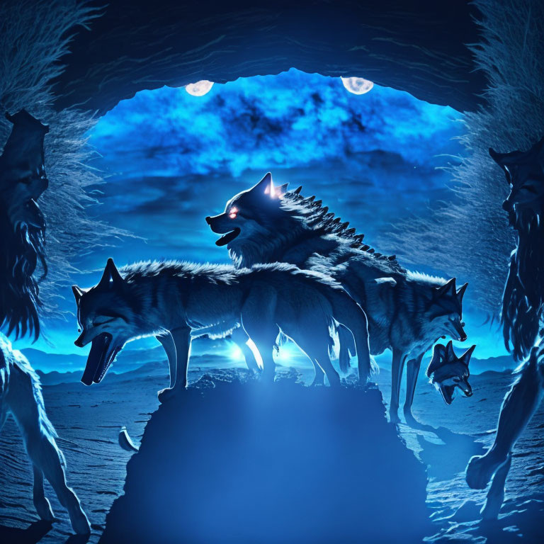 Three wolves at icy cave entrance under night sky with two moons