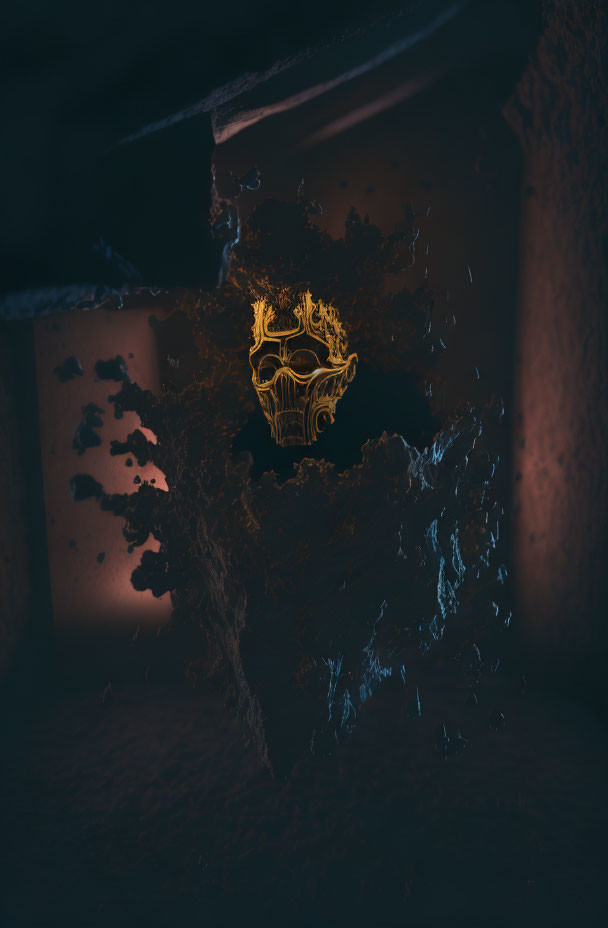 Golden Mask Glowing in Dark Textured Cavity