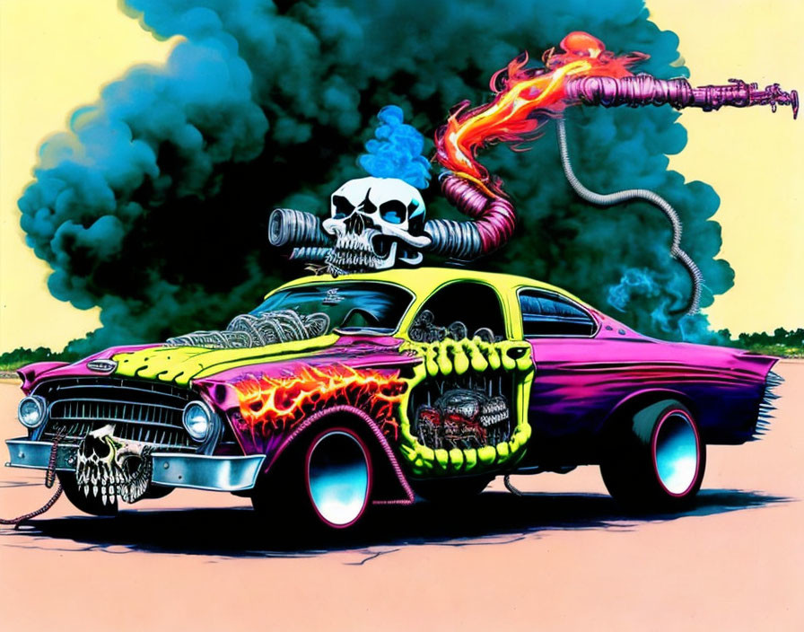 Customized Car with Skull and Flamethrower Exhaust in Psychedelic Colors