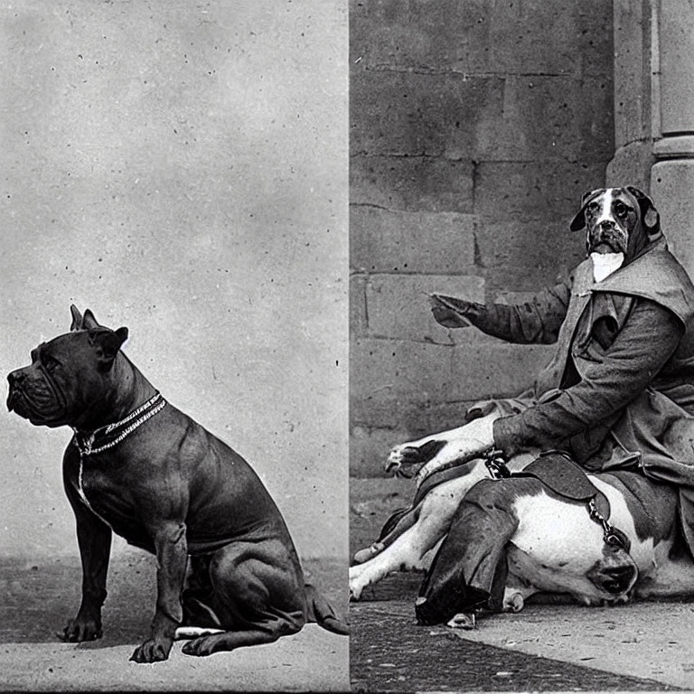 Split black and white photo: dog with chain collar on left, dressed dog next to person on right