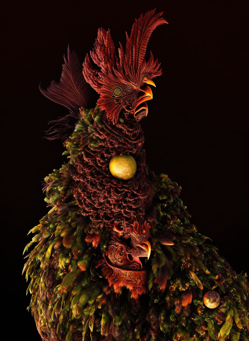 Detailed rooster-themed creature with ornate patterns on dark background