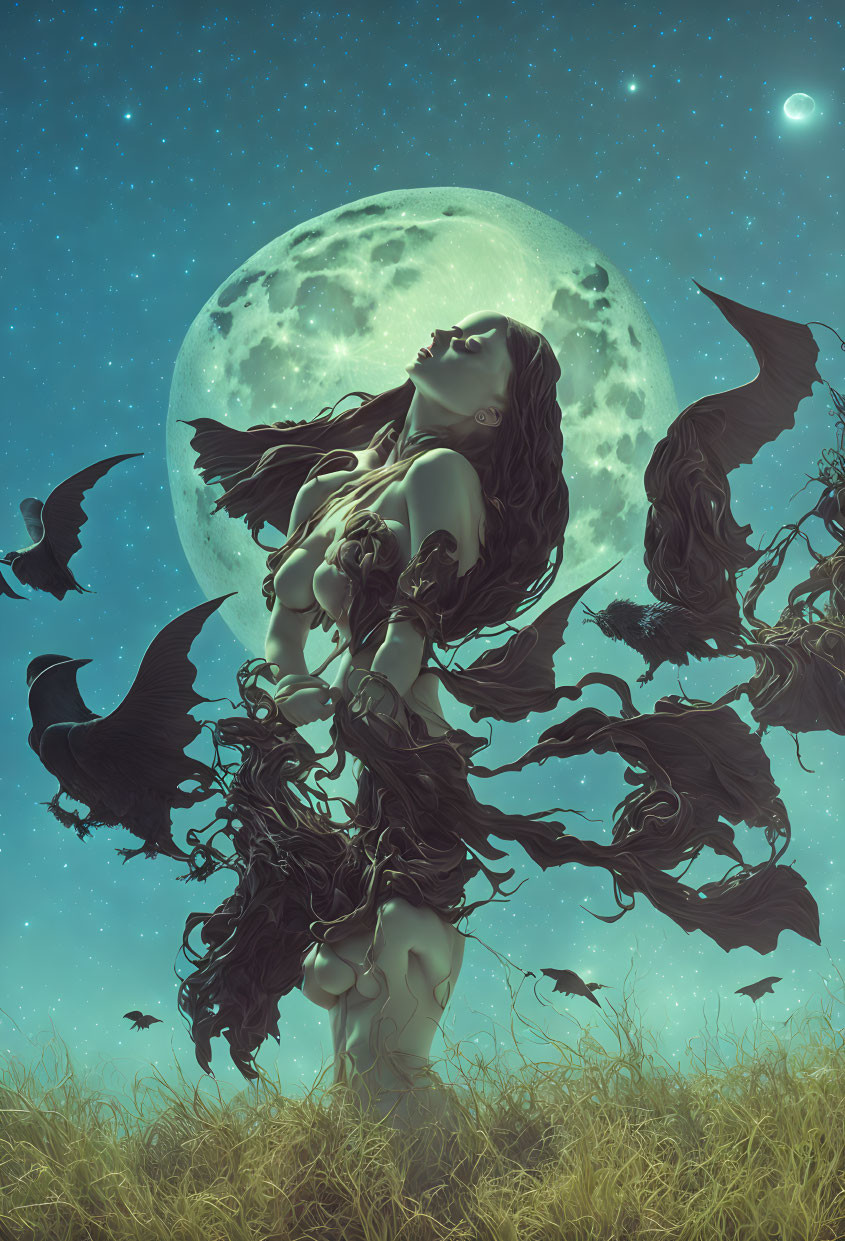 Fantasy Artwork: Woman with Ravens in Moonlit Field