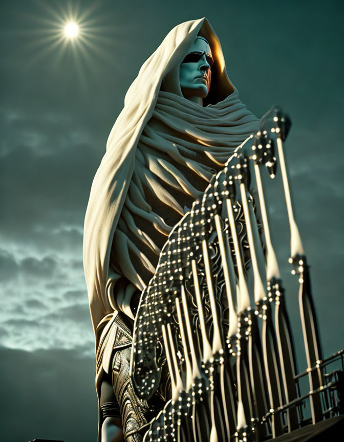 Stylized 3D illustration of cloaked figure under starry sky