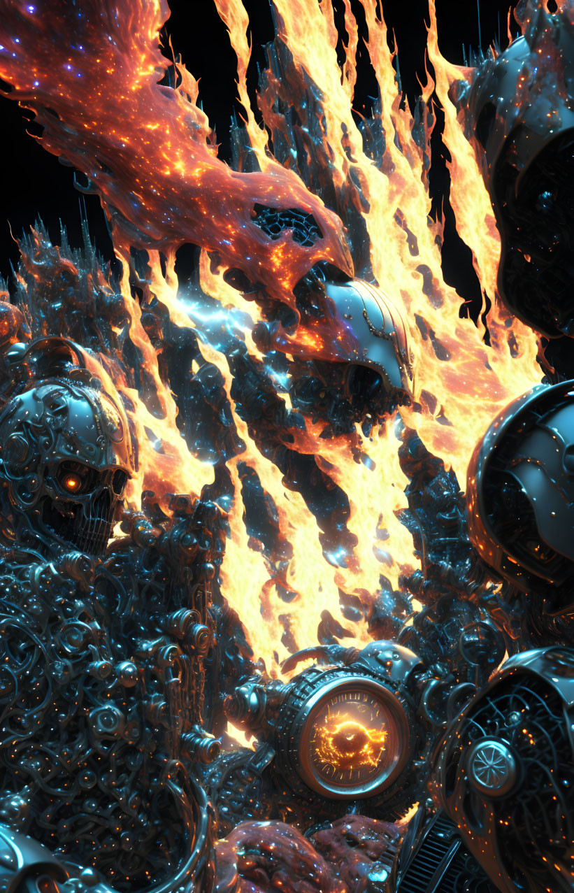 Intense fiery flames engulf futuristic robotic skulls