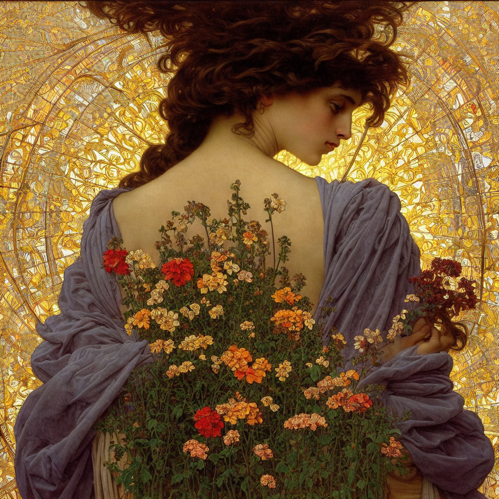 Woman in lilac dress with flowing hair and vibrant flowers against gold backdrop