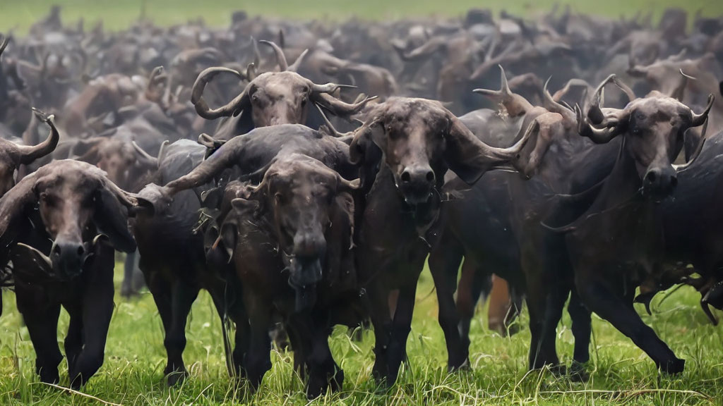 Herd of Buffaloes Running Across Grassy Field