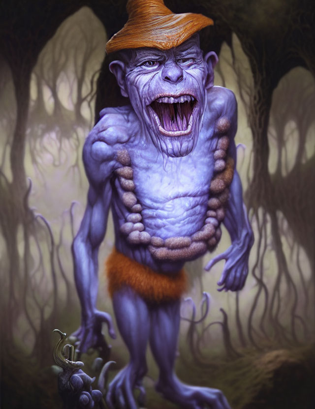 Blue creature with oversized head and pointed ears in orange attire roaring in dark forest.