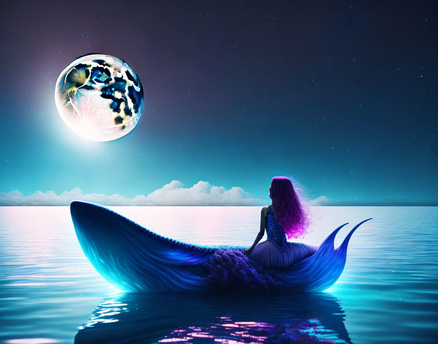 Mermaid on whale's tail gazes at moon over tranquil sea