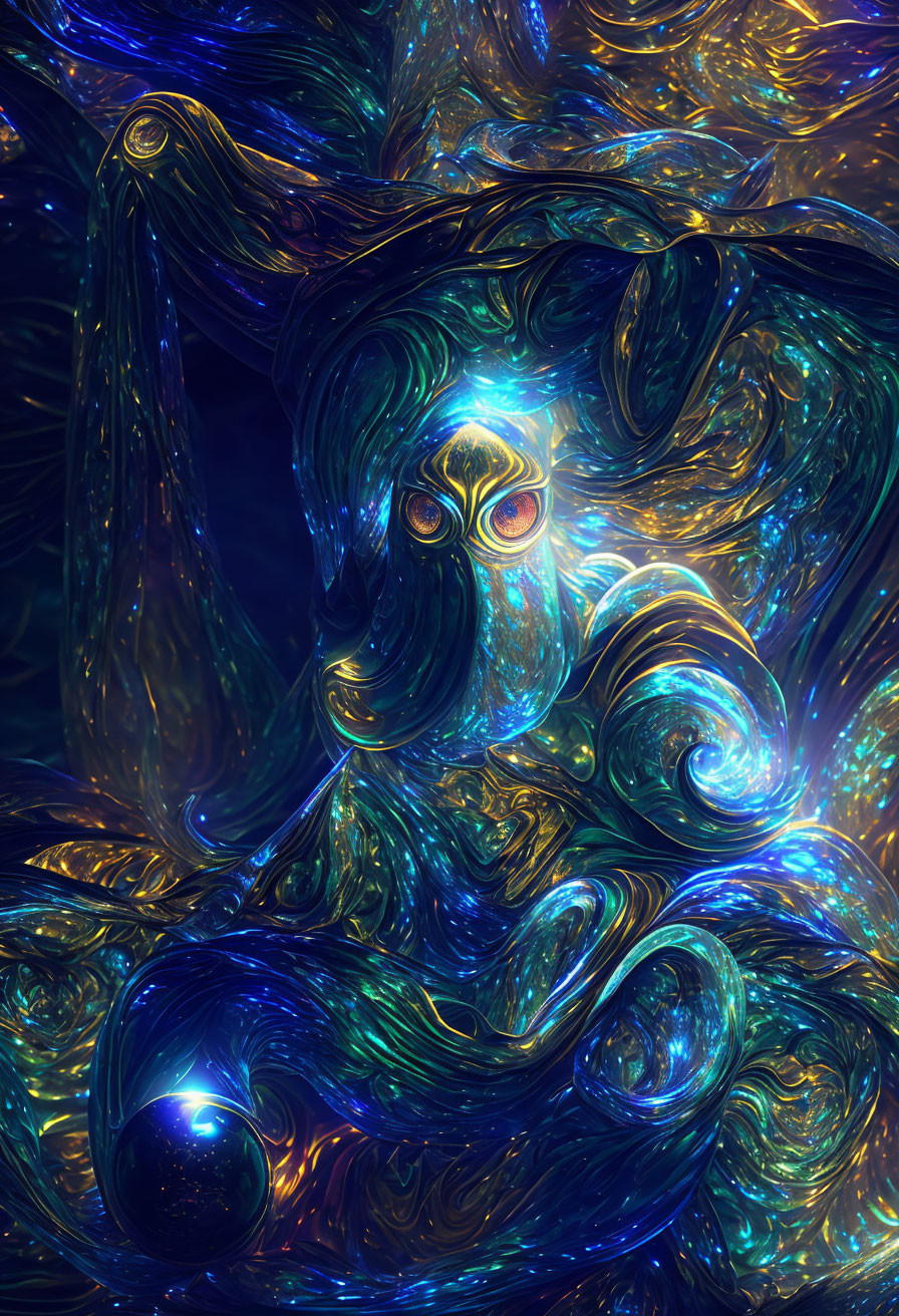 Abstract Digital Artwork: Swirling Blue and Gold Patterns