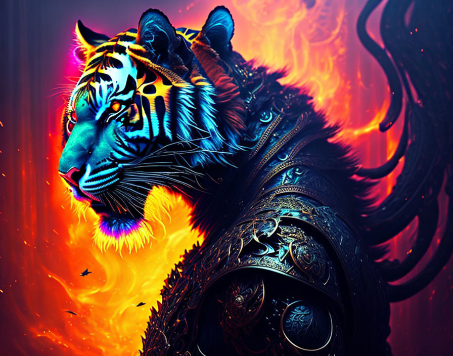 Digital Art: Blue Tiger with Glowing Stripes in Black Armor