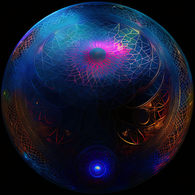 Colorful fractal design of a spherical object on black background