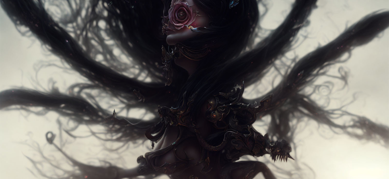 Dark fantasy character in ornate armor with flowing hair and rose in a mystical setting