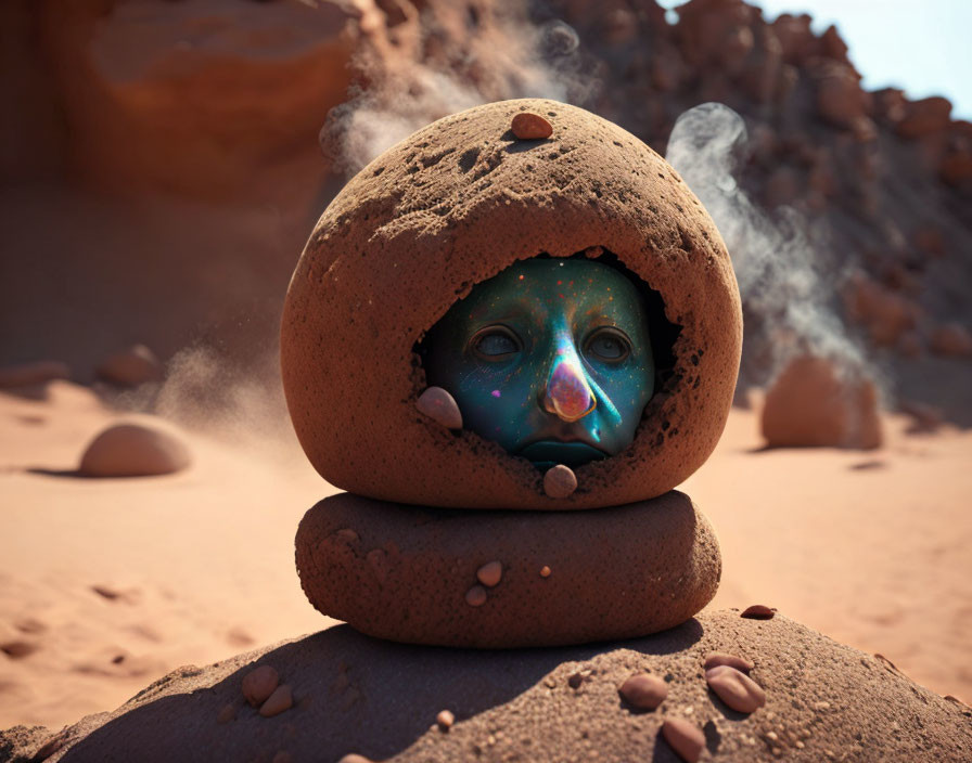 Mystical face in cosmic pattern on hollow rock in sandy desert