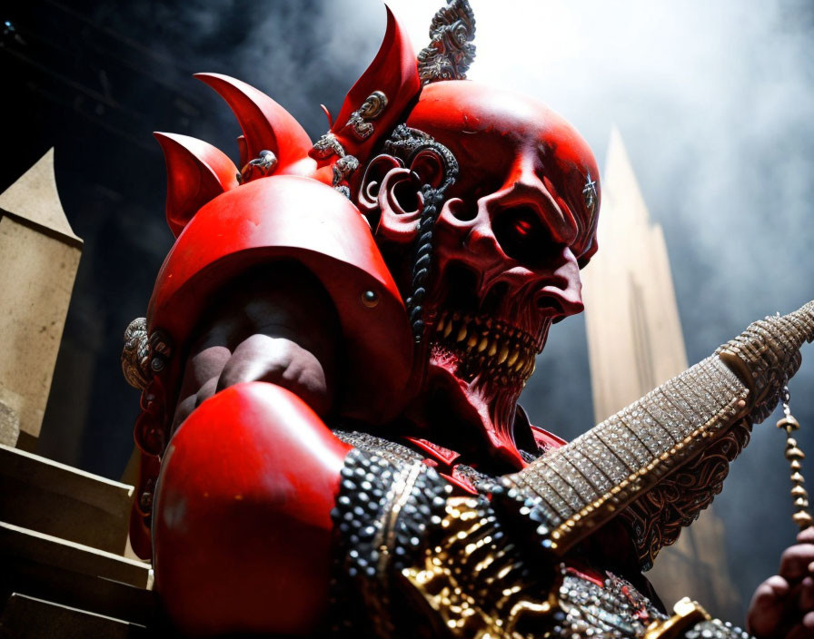 Elaborate red samurai armor with horned helmet and fierce mask in smoky setting