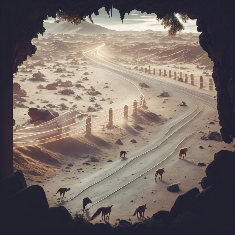 Twilight desert road with light trails and roaming animals