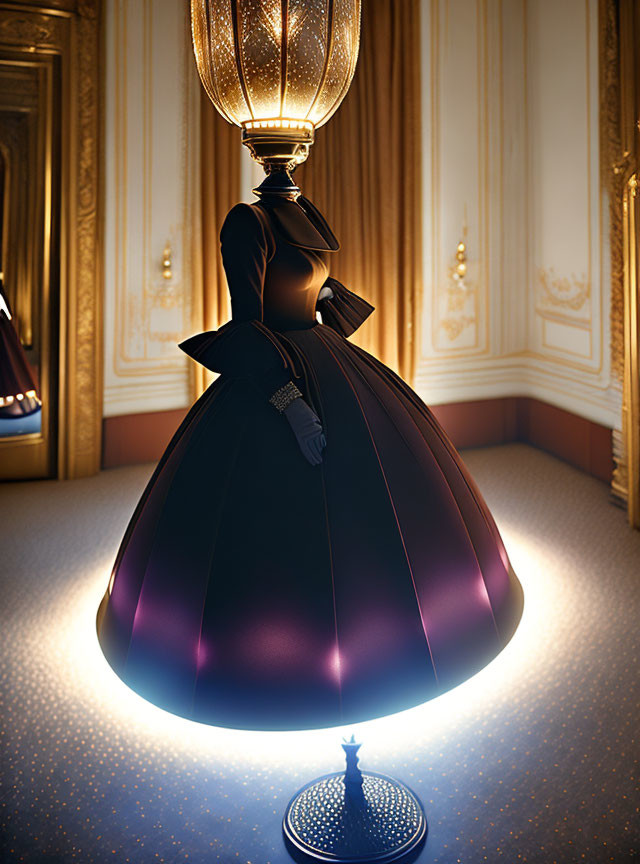 Vintage lamp-headed figure in elegant gown in luxurious room