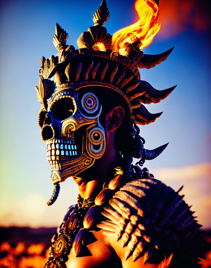 Elaborate skull mask and feathered costume against dusk sky