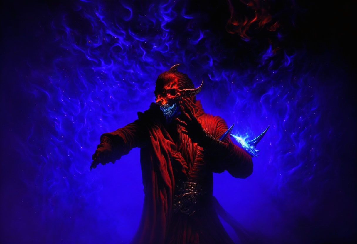 Hooded figure with glowing blue object in swirling smoke