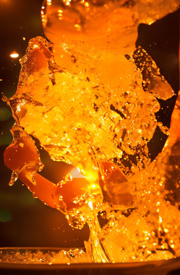 Dynamic orange liquid metal pouring creates glowing splash on dark background