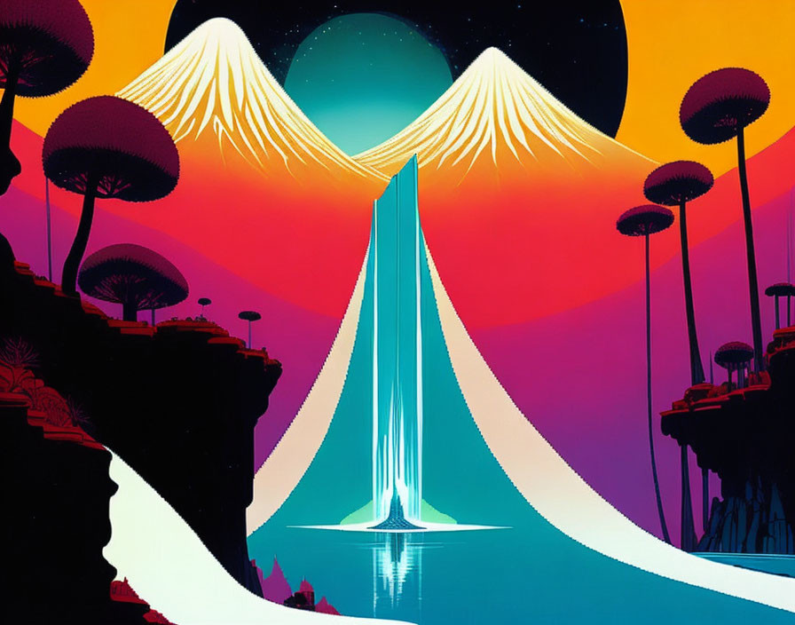 Retro-futuristic illustration: Waterfall, glowing mushrooms, dual moons, mountains