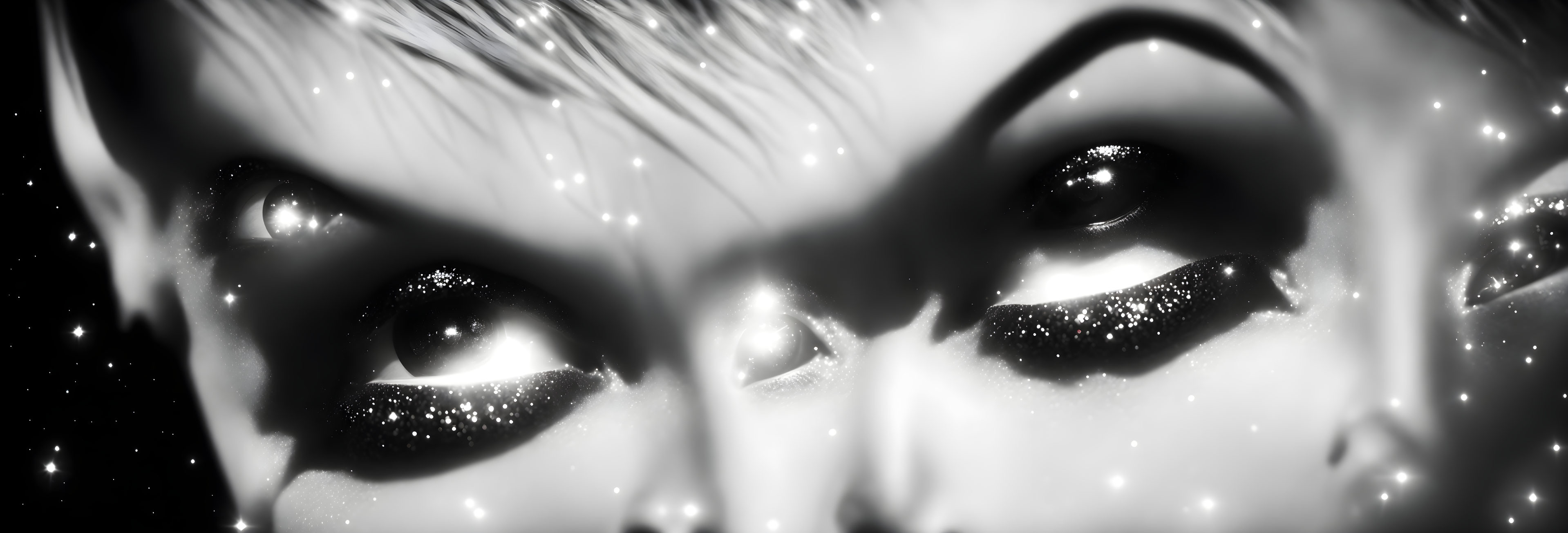 Monochrome close-up of sparkling eyes hinting at cosmic mystique